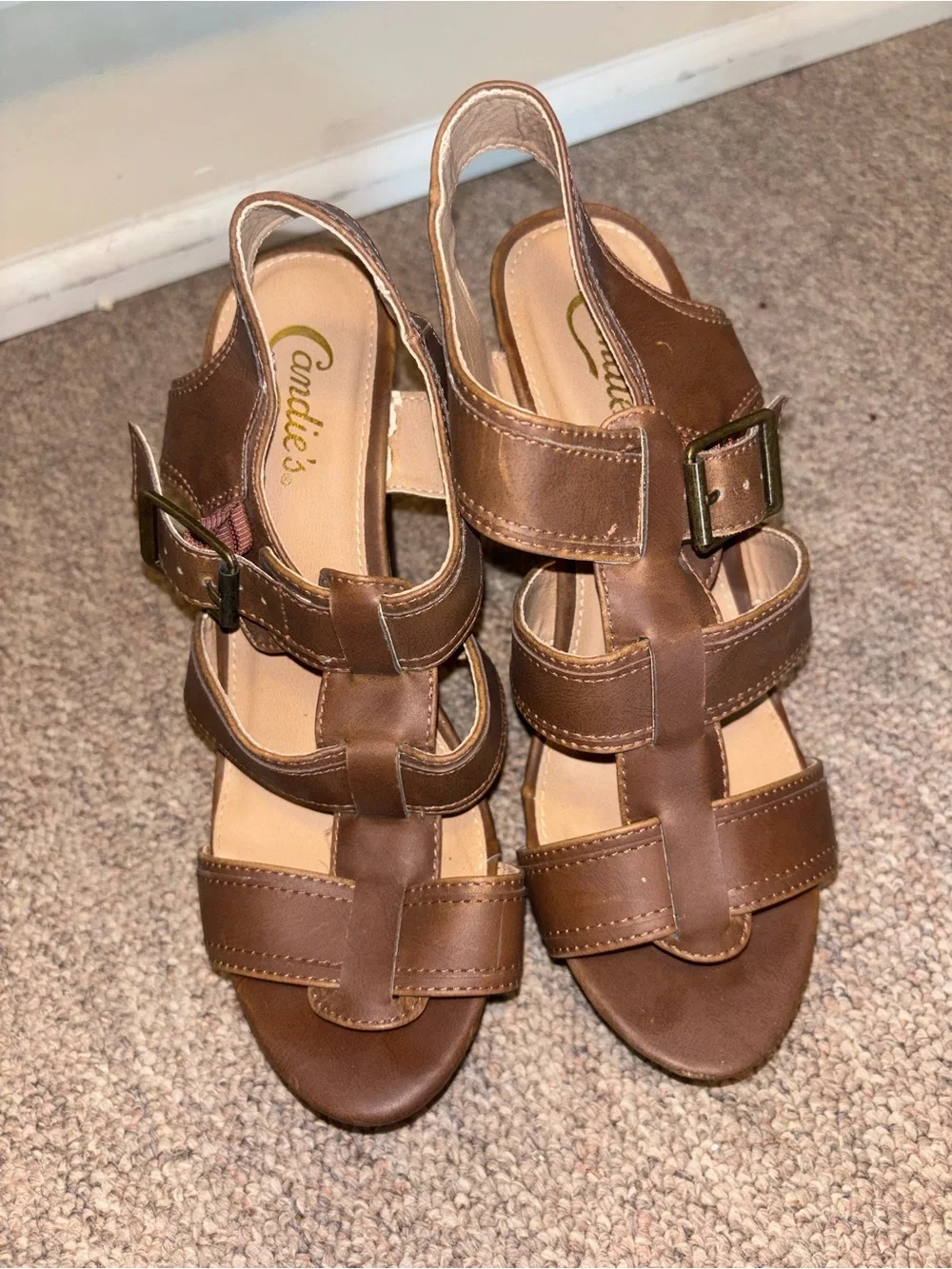 Candie's Brown Multi-Strap Wedge Sandals with Buckle